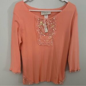 Vintage Deadstock Peach Color Lettuce Hem Sweater With Sequins Size M